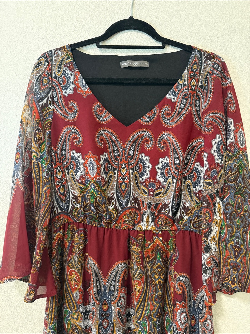 Paisley V-Neck Long Sleeve Maxi Dress in Burgundy - Picture 2 of 6